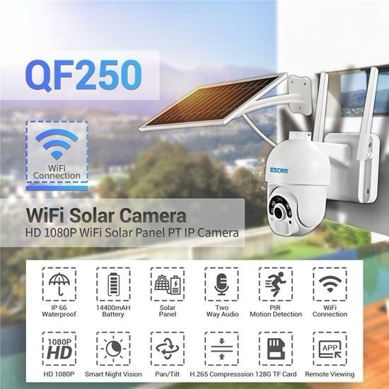 Escam Qf250 1080P WiFi Solar IP Camera Wireless 6W Solar Panel Battery Powered Home Security Camera