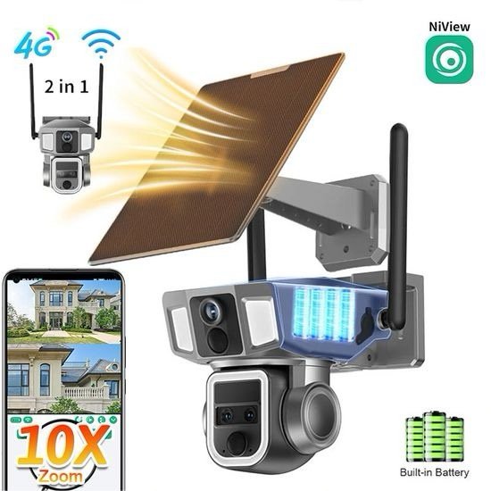 4G+WiFi Dual Network Solar Powered Security Camera 10X Zoom 2K PTZ CCTV Video Surveillance Camera