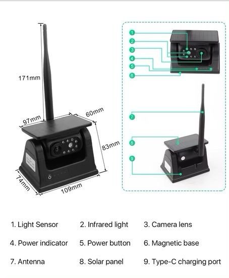 Magnetic Solar Wireless 5g WiFi Rear View Backup Camera APP Kit Magnetic Base Solar Power and Built-in Battery for RV Car Truck